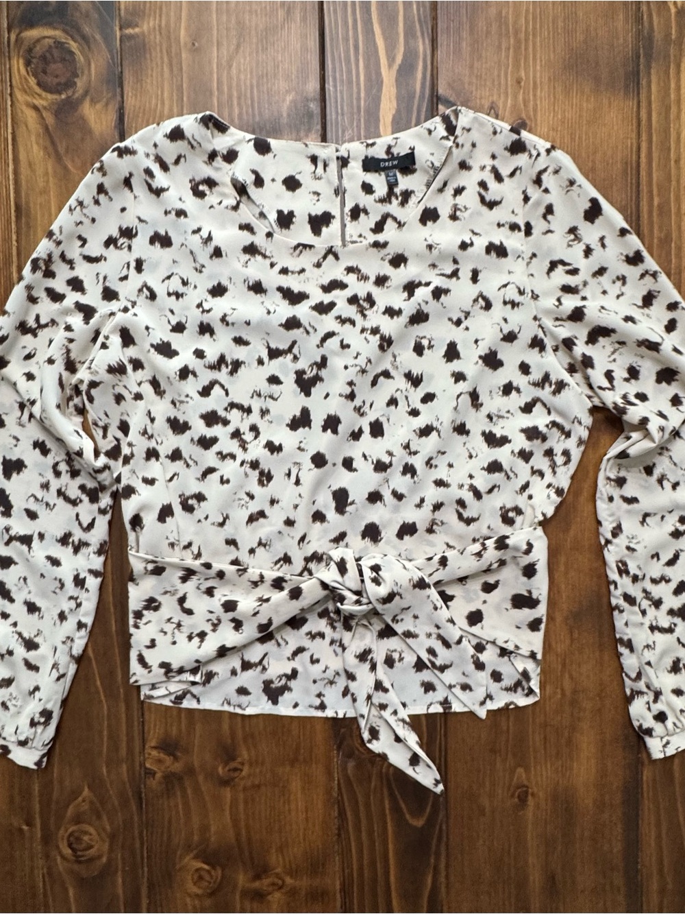DREW Cream Long-Sleeve Tie-Waist Top with Brown Spot Print